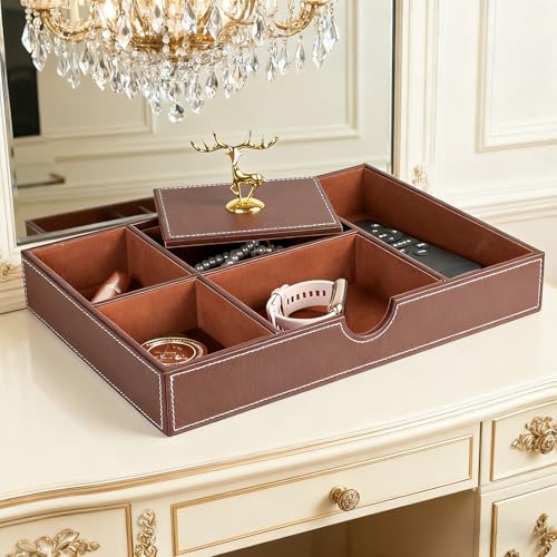 Jewelry Trays Nightstand Organizer, Valet Tray for Men and Women, Tray Organizer,Can hold Mobile phones, watches, cosmetics, keys. Dark Brown Faux Leather, 5 CompartmentCompartment - color: brown