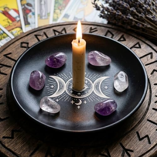 5.5inch Altar Ritual Plate Dish Stainless Steel Flat Bowl Round Metal Jewelry Tray Astrology Tarot Plate Ring Trinket Holder for Smudging Decoration Trays (Triple Moon Black) - color: Triple Moon Black