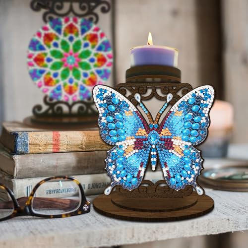 BAYUNOE DIY Candlestick Holders Wooden Desktop Diamond Art Painting Candle Holder Double-Sided Diamond Vintage Modern Decorative for Table Mantel Wedding Dinning Party-Blue Butterfly02 - color: Blue Butterfly02