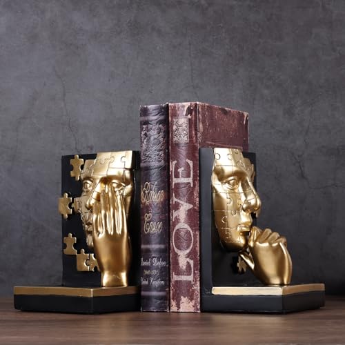 Gold Thinker Bookends,Abstract Face Resin Book Ends with Puzzle Pattern,Modern Decorative Book Stoppers for Shelf,Desk & Office Decor,Heavy Duty Non-Slip,Set of 2 (Set A)