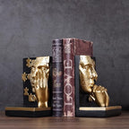 Gold Thinker Bookends,Abstract Face Resin Book Ends with Puzzle Pattern,Modern Decorative Book Stoppers for Shelf,Desk & Office Decor,Heavy Duty Non-Slip,Set of 2 (Set A)