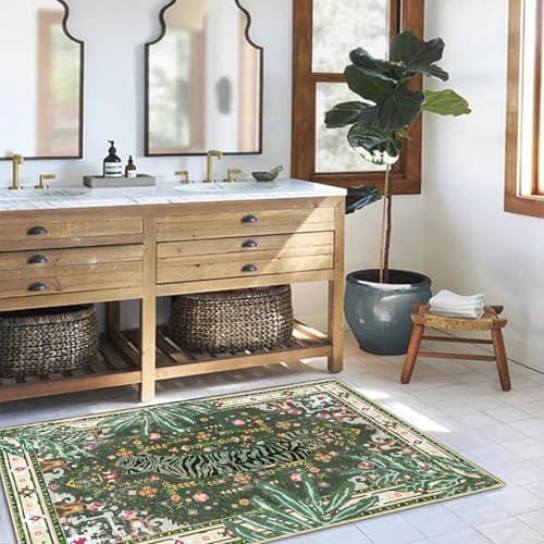 Oriental Tropical Entryway Rugs Washable, Greyish Green Boho Vintage Distressed Hippie 2x3 Throw Rugs for Bathroom Kitchen Entryway Indoor Non-Slip Abstract Botanical Tribal Accent Carpet - color: Greyish Green, size: 2' x 3'