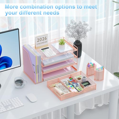 gianotter Desk Organizers and Accessories with File Holder, 4-Tier Desk Accessories & Workspace Organizers with Drawer and 2 Pen Holder, Paper Organizer for Office Supplies (Rose Gold) - color: Rose Gold