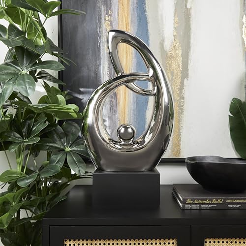 Deco 79 Ceramic Abstract Decorative Sculpture Looped Home Decor Statue with Black Block Base, Accent Figurine 14" x 7" x 25", Silver - size: 14" x 7" x 25"