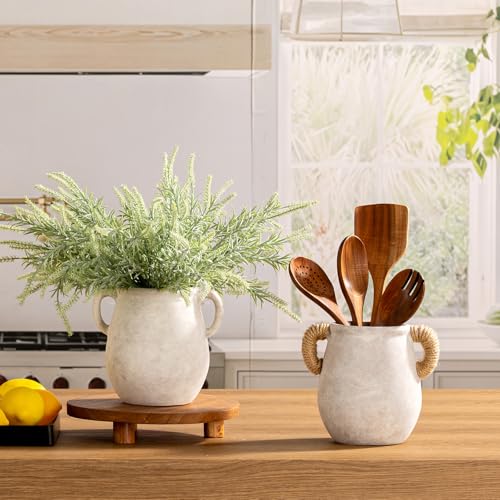 Ceramic Flower Vase Home Decor - White Rustic Table Flowers Vases Living Room Bedroom Plant Decoration Modern Farmhouse Vintage for Kitchen Shelf Office Coffee Dining Desk House (7.1" with Jute Rope) - color: 05-with Hemp Rope-7.1"