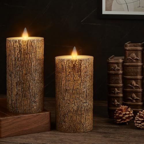 Brown Bark Wax Flameless Pillar Candles with Remote Timer, 3D Moving Flame Led Candles up to 400 Hours with 2AA Batteries, Set of 2(3''x6''), Remote Included (Brown). - color: Brown