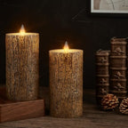 Brown Bark Wax Flameless Pillar Candles with Remote Timer, 3D Moving Flame Led Candles up to 400 Hours with 2AA Batteries, Set of 2(3''x6''), Remote Included (Brown). - color: Brown