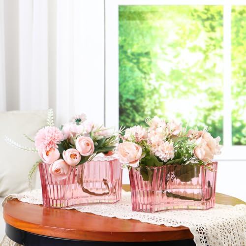 MCMCNCUIU Crystal Vases for Centerpieces, Flower Vases for Wedding Centerpieces, Pink Glass Vase for Flowers, Curve Small Vase for Living Room, Bedroom, Kitchen, Dining Table, Set of 2 - color: Pink