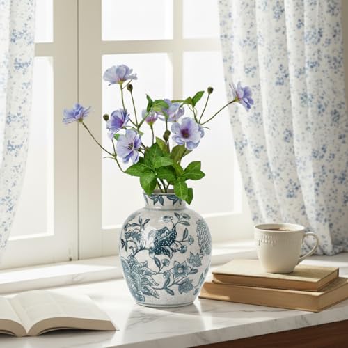 SIDUCAL Ceramic Chinoiserie Floral Vase | 6.3 Inch Blue and White Vintage | Retro Ice Cracked Blue and White Porcelain Vase for Table, Living Room, Bathroom Decoration, Shelf Decor, Mantel - color: 18443-blue and White