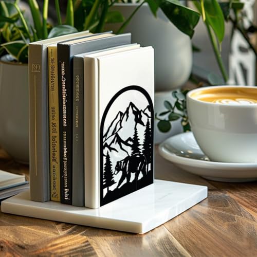 Peacoblue Metal Bookends for Shelves, Modern Decorative Heavy Duty Study Book Support Stoppers for Office, Desk, Shelf, Room 5.3"x4.3"x7.9" Cast Iron Bookends, 1 Pair (Mountain and Forest with Bear) - style: Mountain and Forest with Bear