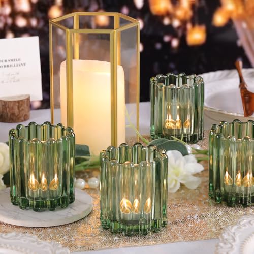HAVITI Glass Green Votive Candle Holder, Ribbed Votive Candle Holders Set of 12, Tealight Candle Holder for Wedding Centerpieces Dinner Party Table Decor - color: Green