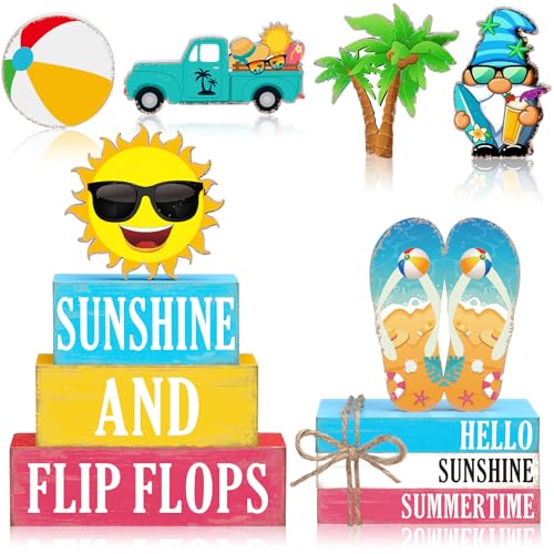 Vercraft 11 Pcs Summer Decorations Set Sunshine Tiered Tray Decor Hello Sweet Summer Wooden Blocks Flip Flops Coconut Tree Centerpiece for Home Office Decorations - style: Hawaiian