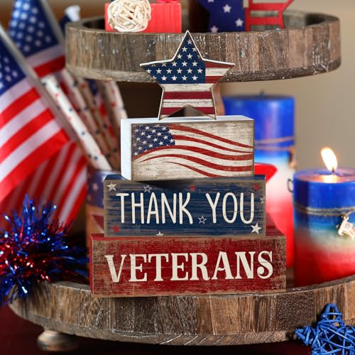 CroBlissful 4 Pcs Memorial Day Decorations Patriotic 4th of July Tabletop Decorations Red White Blue Table Centerpieces Star Sign for Office Tiered Tray Home Shelf 250th Anniversary - style: Star