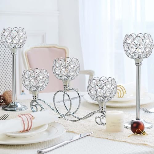 Silver Set of 6 Metal Crystal Tea Light Candle Holder, Elegant Wedding Table Centerpiece Candle Holder, Christmas Wishing Crystal Bowl Candle Holder Suitable for Wedding Party Living Room Decoration - color: Silver, size: Set of 6