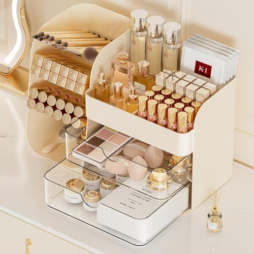 Booklov Makeup Organizer for Vanity, Countertop Cosmetic Display Case with Clear Acrylic Drawers, Bathroom Counter Beauty Caddy, Cute Table Storage Holder for Skincare, Brush Lipsticks, Crystal Creem - color: Crystal Cream, size: M01