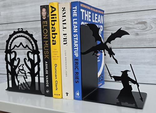 Decorative bookends for Shelves, 7 Inch Tall Heavy Metal Bookends, Unique Bookends, Non Skid Book Ends, Book Stopper for Home/Office Decor/Shelves, Wizard and Dragon Design, Black, 3lb