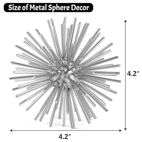 Silver Sphere Decor, Metal Starburst Tabletop Sculpture Decor, Mid-Century Modern Metal Starburst Centerpiece, Spike Ball Decoration for Home, Coffee Table Decor - color: Silver-starburst-4.2"