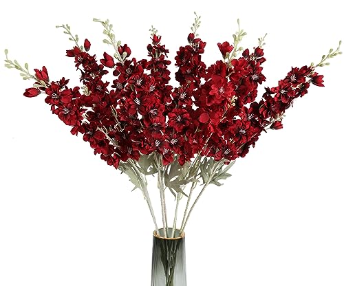 8pcs Red Delphinium Artificial Flowers 33.5in Long Stem Larkspur Fake Silk Flowers for Tall Vase Faux Flowers for Home Wedding Baby Shower Floral Arrangement Centerpiece Table Decor (Dark Red) - color: Red
