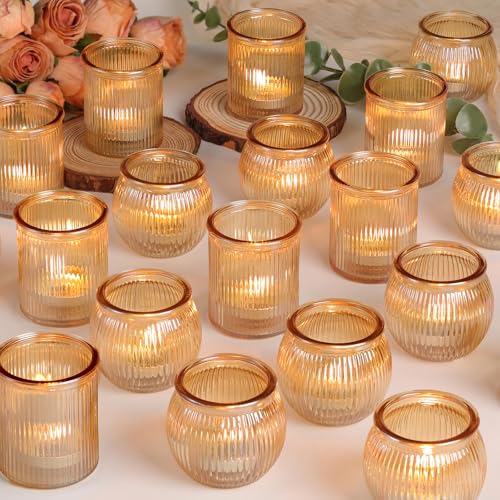 NITIME 48pcs Assorted Gold Votive Candle Holders, Ribbed Tea Lights Candle Holder for Wedding Decor, Glass Candle Holder for Diwali, Table Centerpiece, Party and Holiday Decorations - color: Gold