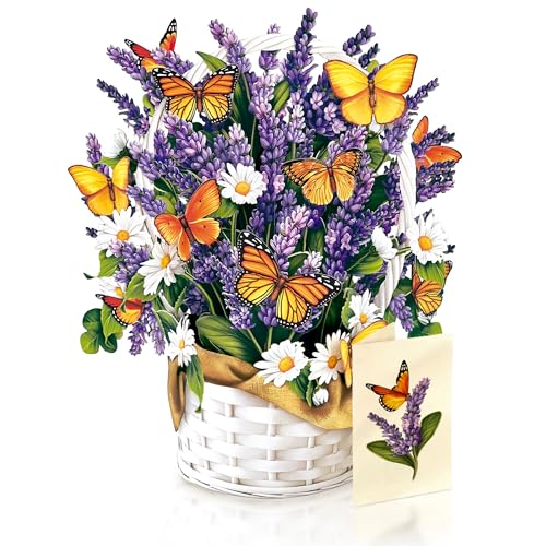 Freshcut Paper Pop Up Cards, Lavender & Butterflies, 12 Inch Life Sized Forever Flower Bouquet 3D Popup Greeting Card, Birthday & Thank You Card, Blank Notecard & Envelope - color: Lavender & Butterflies, size: Classic