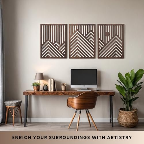 qmmp Modern Wooden Wall Sculptures - Set of 3 - Home Decor Accent - Large Wall Art for Living Room, Bedroom, Office - Easy Installation (Walnut, Large - Mountain and Sun, Unframed) - color: Walnut, size: Large - Mountain and Sun