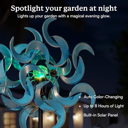 87" Wind Spinner Outdoor with Solar Light, Large Metal Wind Sculptures Spinners, Windmill for Garden Yard Patio Lawn Decor - Azure Moon (23" W x 87" H) - size: Azure Moon