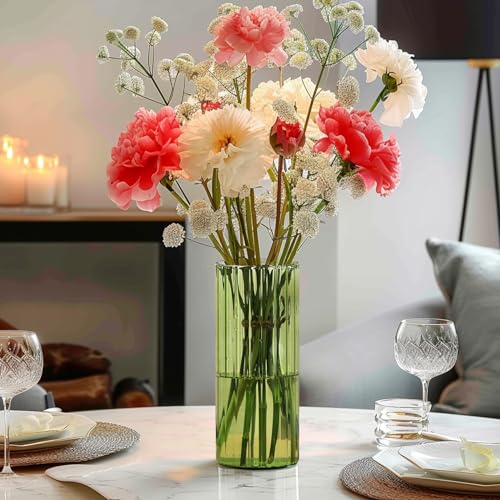 ComSaf Glass Cylinder Vases, Bud Vase for Centerpieces, 8 Inch Tall Ribbed Vase Hurricane Floating Candle Holder, Decorative Flower Vases for Wedding Reception, Home Decor, Housewarming Gift (Green) - color: Green