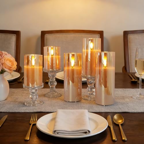 Rechargeable Flameless Candles, Realistic Flickering LED Flameless Candles Real Wax Candle with Remote Control and Timer, Gold Glass Electronic Candle, 1 Set of 5（Gold） - color: Rechargeable-Copper wire