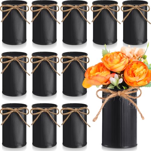 Rustic Vase for Table Centerpieces 4.33 Inch Small Petite Flower Vase with Twine Bow Vintage Farmhouse Decor for Wedding Reception Dining, Home Galvanized Metal Buckets(Black,12 Pcs) - color: Black