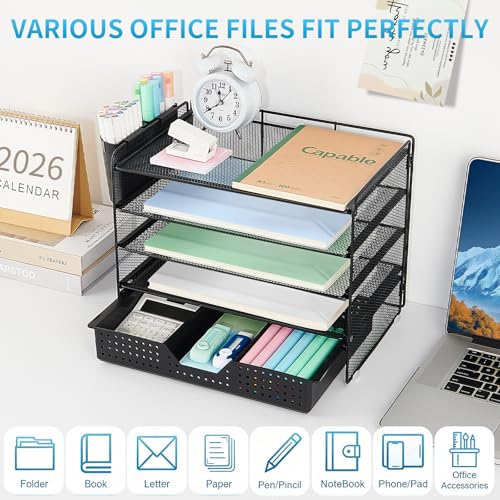 LEKETREE Desk Organizer and Accessories, 5-Tier Paper Letter Tray Organizer with Drawer & 2 Pen Holders for Desktop File Organization, Office Desk Accessories for Supplies Storage (Black) - color: Black, size: 12" x 8" x 10"