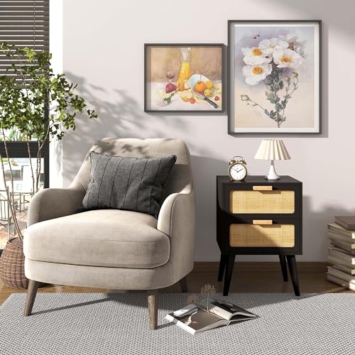 YAUKOMEL Black Nightstand, Wood End Table, Side Table with 2 Hand Made Rattan Decorated Drawers,Boho Bedside Table,Wood Accent Table with Storage for Livingroom, Bedroom, Black CTG59B - color: Black, style: Rattan Style