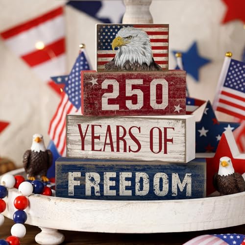 4 Pcs 250th Anniversary 4th of July Decorations USA Patriotic Memorial Day Tabletop Decorations Eagle Red White Blue Table Centerpieces American Flag Sign for Office Tiered Tray Home Shelf Party - style: Eagle Flag