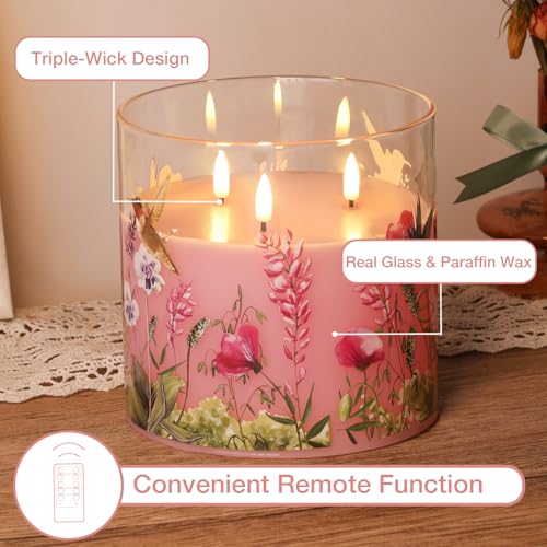 Eywamage 3 Wick Flameless Candle with Remote, Pink Hummingbird Floral Glass LED Candle, Large Battery Pillar Candle Φ 6" H 6" - color: Pink Hummingbird