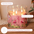 Eywamage 3 Wick Flameless Candle with Remote, Pink Hummingbird Floral Glass LED Candle, Large Battery Pillar Candle Φ 6" H 6" - color: Pink Hummingbird
