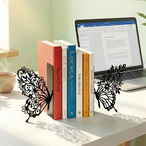 Sanwarm Metal Bookends Butterfly Floral Book Ends Decorative Bookend for Home Office Library Desk Book Shelves Decor, Gift for Reading Enthusiasts Non-Skid Book Stoppers Holder (Black 1 Pair) - color: Butterfly Floral