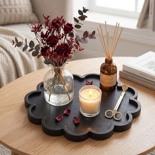 BreezeHug Black Decorative Serving Tray Wood 12.6 Inch Scalloped Serving Tray Round Wooden Display Plate with Scalloped Borders for Coffee Table Living Room Bedroom Entryway Decoration - color: Black