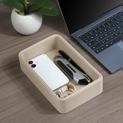 PU Leather Valet Tray Organizer, Small Nightstand Organizer Bedside Desktop Storage for Womens and Men, Perfume Trinket Catchall Vanity Tray for Key Watch Wallet (Beige, Rectangular) - color: Beige