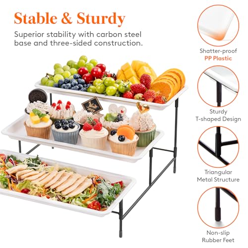 Lifewit 3 Tier Serving Tray, 36 x 17 cm/14 x 6.5" White Plastic Tiered Food Serving Platters, Tiered Tray Stand for Party with Black Collapsible Metal Stand, Dessert Display Stand for Cookies/Crackers - size: 14" x 6.5", style: Basic