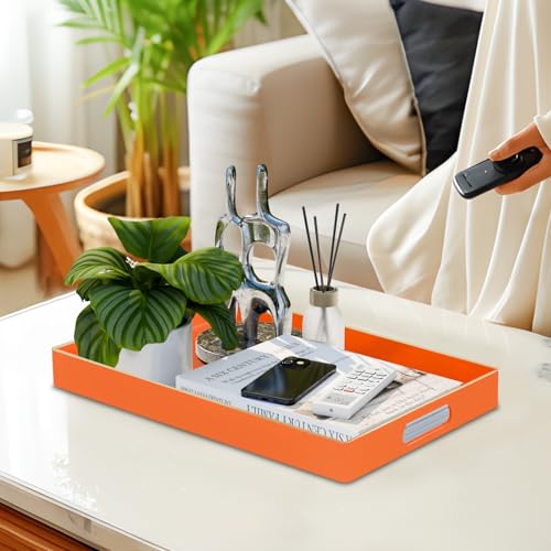 MAONAME Orange Serving Tray with Handles, Modern Decorative Trays for Coffee Table, Plastic Rectangular Trays for Ottoman, Bathroom, Halloween Decor, 15.8” x 10.2” x 1.4" - color: Orange, size: 15.8" x 10.2" x 1.4"