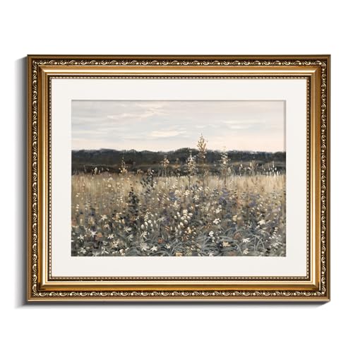 InSimSea Gold Picture Framed Wall Art, Living Room Bathroom Vintage Meadow with Flowers Pictures Wall Decor, Canvas Print Art, Home Farmhouse Decor, Antique Paintings with Frames 13x16inch - color: Champ Fleuri, size: 16"L x 13"W