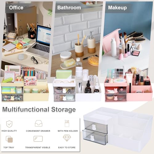 Meiikun Desk Organizer, Makeup Organizer with 2 Drawer, 7 Compartment & a Top Tray, Desktop Organizers and Storage for Women, Cute Home organization Bathroom, 11" x 5.7" x 4.7" (White) - color: 8 Compartments + 2 Drawer (White)