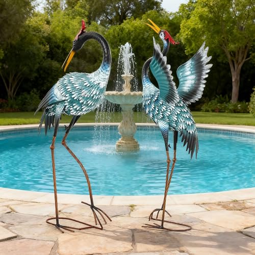 Extra-Large Crane Statue, 36.8" Handcrafted Metal Blue Heron Decor Sculptures with Stable U-Ground Stakes, Backyard Decoration, Metal Garden Bird Animal Yard Art, Lawn Ornament Decor - color: 36" - Gradient Sky Blue