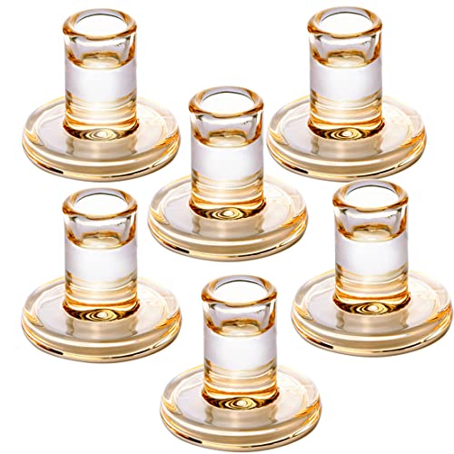 Short Solid Amber Gold Glass Taper Candle Holders Heavy Low Candlestick Holders for 5/6-7/8 inch Wide Tapered Candles- Set of 6, Wedding Party Table Centerpieces Decorations - color: Amber Gold