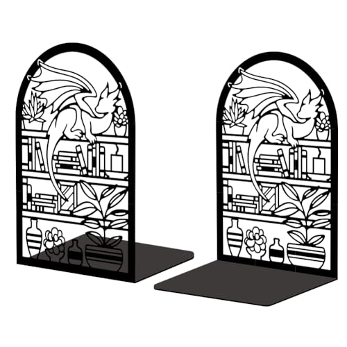 Peacoblue Metal Bookends for Shelves, Modern Decorative Heavy Duty Study Book Support Stoppers for Office, Desk, Shelf, Room 5.3"x4.3"x7.9" Cast Iron Bookends, 1 Pair (Cartoon Dragon and Bookcase) - style: Cartoon Dragon and bookcase