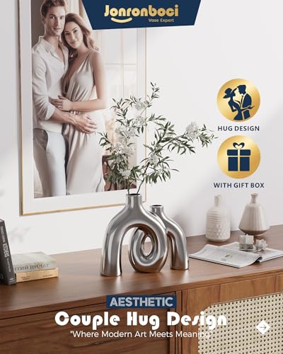 Hug Donut Decorative Vase Set - Silver Vase, Modern Nordic Boho Style Vases Home Decor, Matte Ceramic Decorations for Living Room Shelf, Bookshelf Mantle Entryway Table or Console Décor (Silver) - color: Silver