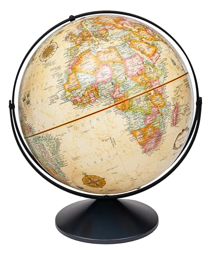 Replogle Eureka 16 inch desktop globe with up to date antique raised relief map and full swing gyromatic assembly. The beautiful antique ocean product has vast amounts of up-to-date information will pique the interest of any geographical connoisseur of al