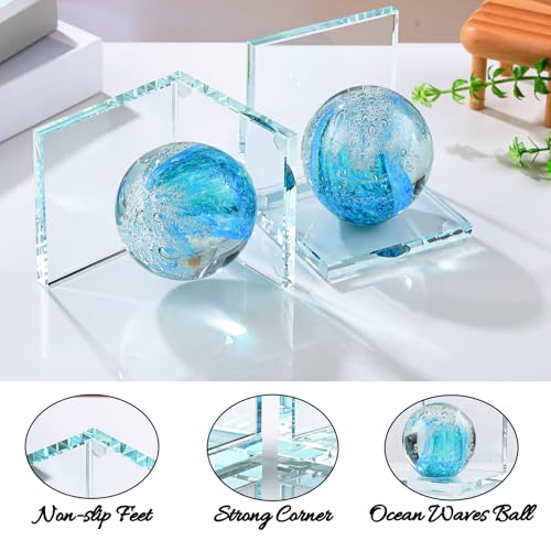 Arikyrist 1 Pair Crystal Bookends for Heavy Books with Hand Blown Ocean Waves Ball Glass Decorative Non Skid Bookends for Bookshelf Office Home (Lake Blue and Dark Green) - color: Lake Blue and Dark Green