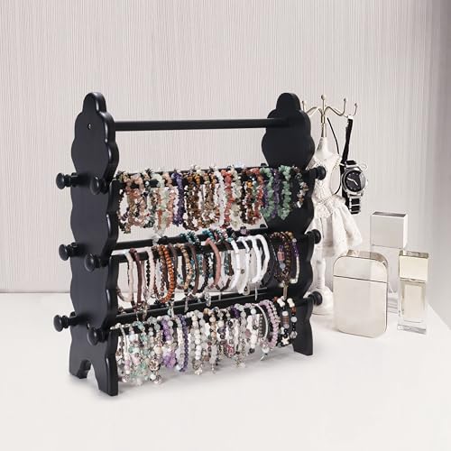Two-Sided Wooden Jewelry Bracelet Holder Display Stand with 6 Removable Holders - 3 Tier Bar Bangle Organizer Perfect for Organizing and Showcasing Bracelets, Watches, and Accessories Black - style: 6 Tier-Black