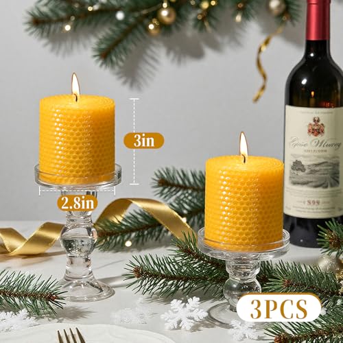 Hand-Rolled Beeswax Candles,2.8x3in-3PCS,All Natural Honeycomb Beeswax Pillar Candles,72 Hours Long Burning Bees Wax Candles for Home,Dripless Smokeless Unscented Honeycomb Pillar Candle - color: 2.8x3in, size: 3pcs