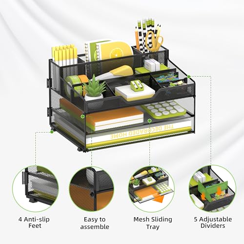 SUPEASY 3 Tier Desk Organizer, Mesh Letter Tray Paper Organizer with 5 Adjustable Storage Compartments & Pen Holder, Metal Desk Accessories for Home Office School, Black - size: 13.6" x 9.4" x 2.3"